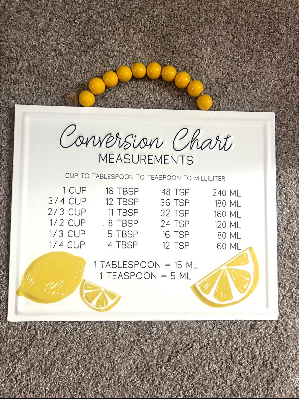 The Spring Shop White and Yellow Lemon Conversion Chart Sign